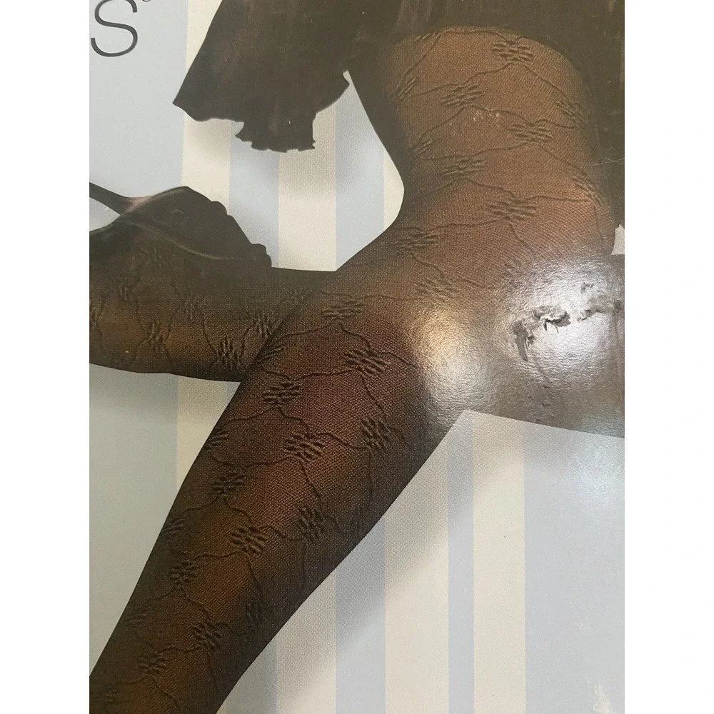 No Nonsense Control Top Fashion Accents Panty Hose Black Sheer Floral Size A NWT